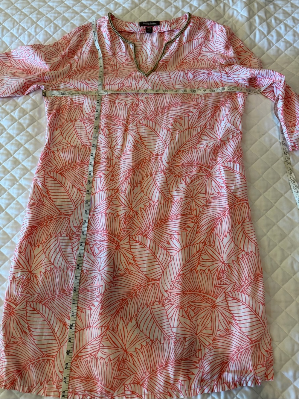 Tommy Bahama Coral and White Leaf-Print V-Neck Linen Bead-Trim Tunic - Picture 6 of 7